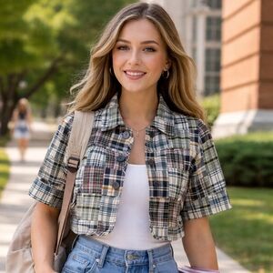 Y2K Retro Madras Patchwork Jacket Size S Button Preppy School Girl